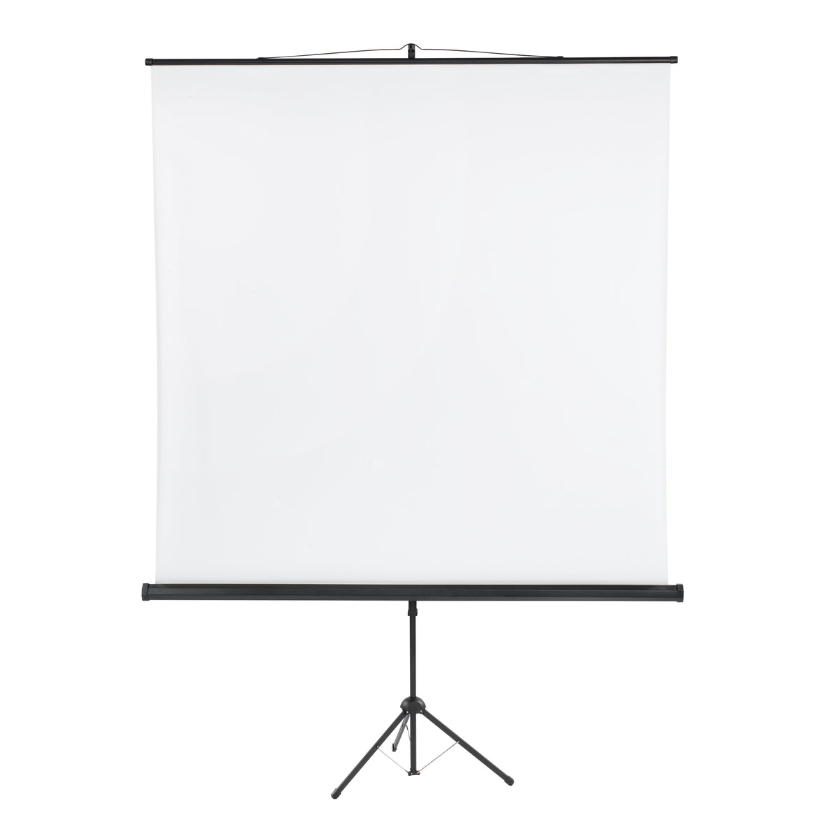 White projection screen on a black tripod stand against a white background