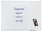 Whiteboard with blue text and a marker holder on a white background