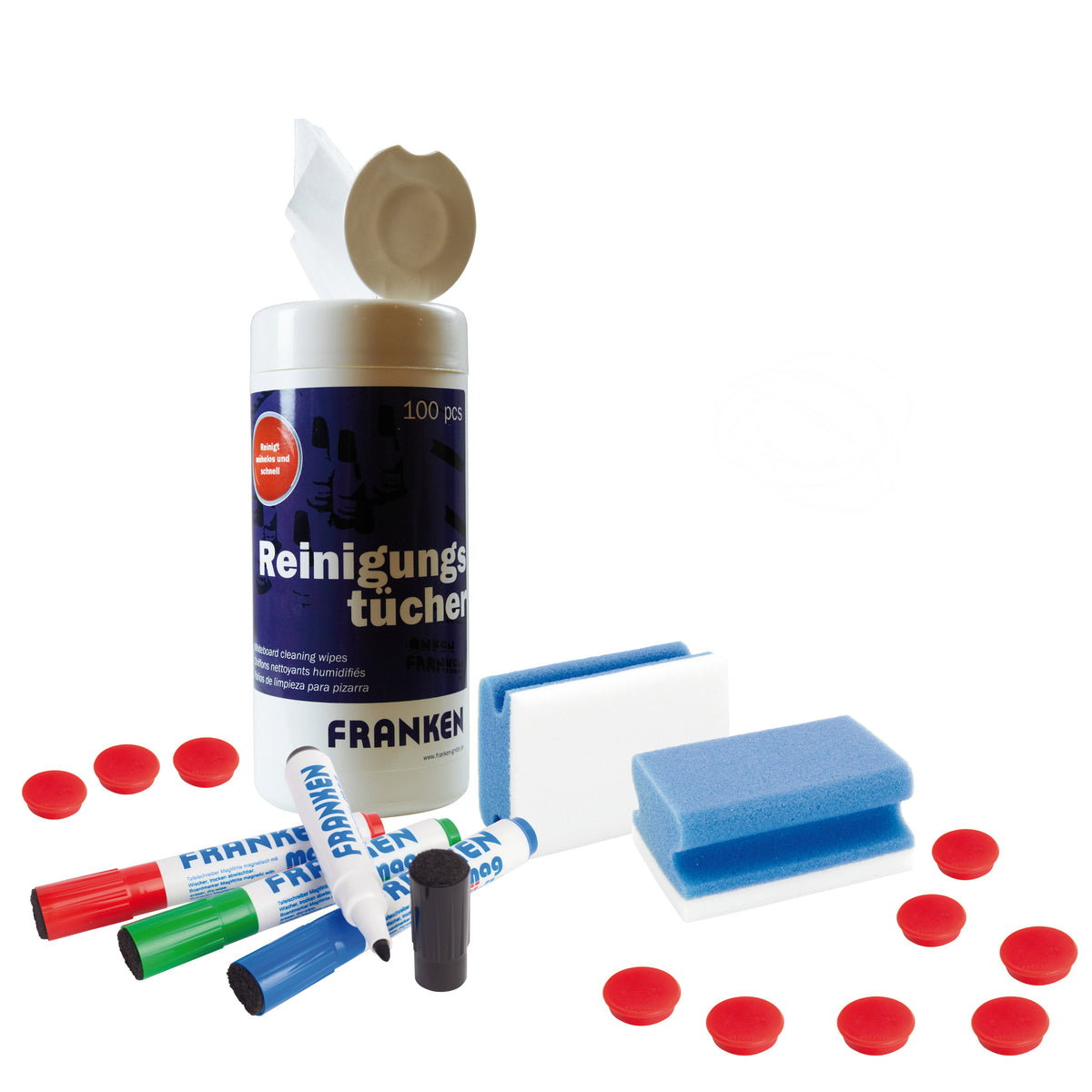 Cleaning supplies including markers, cloths, and wipes on a white background