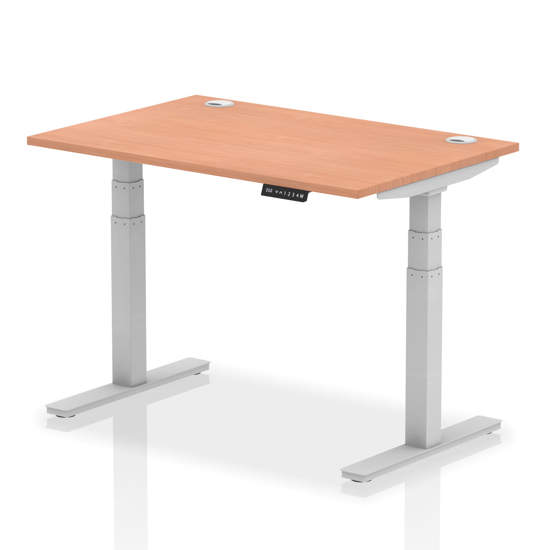 Adjustable height desk with wood-effect top and metal legs on a white background