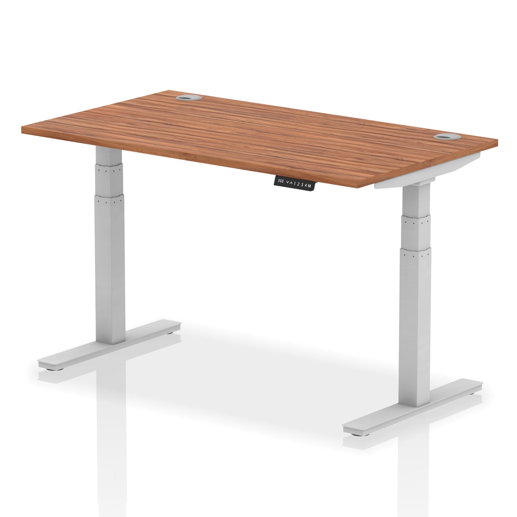 Adjustable height desk with wood-effect top and metal legs on a white background