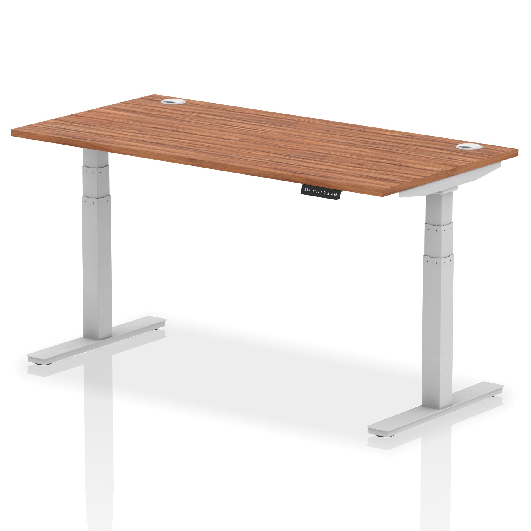 Adjustable height desk with wood-effect top and metal legs on a white background