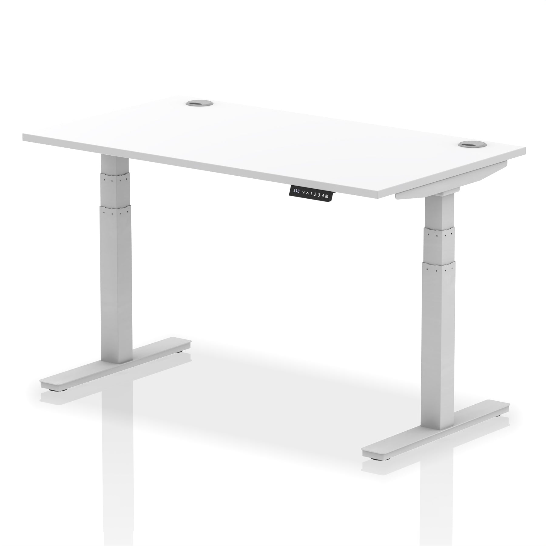 Adjustable height desk with white top and metal legs on a white background