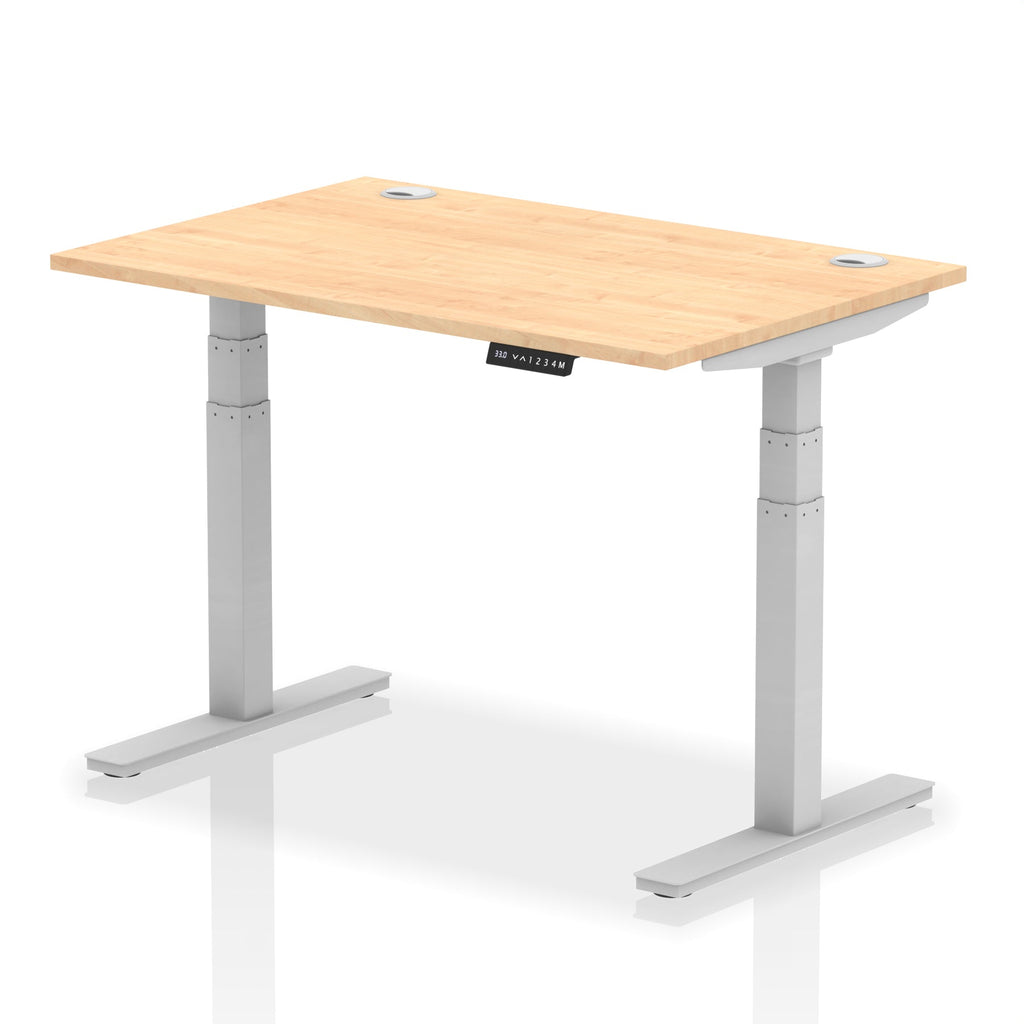 Adjustable height desk with wood-effect top and metal legs on a white background