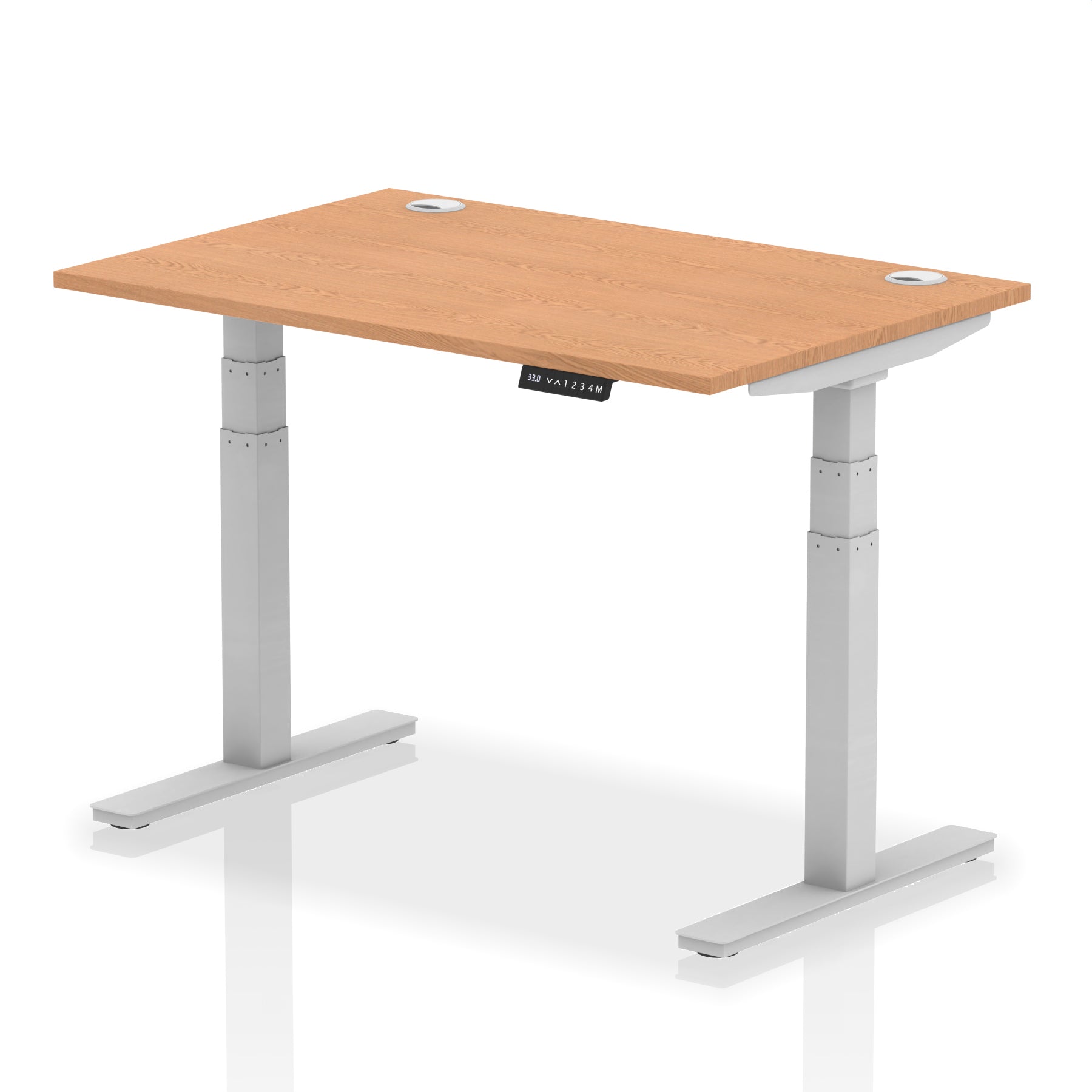 Adjustable height desk with wood-effect top and metal legs on a white background