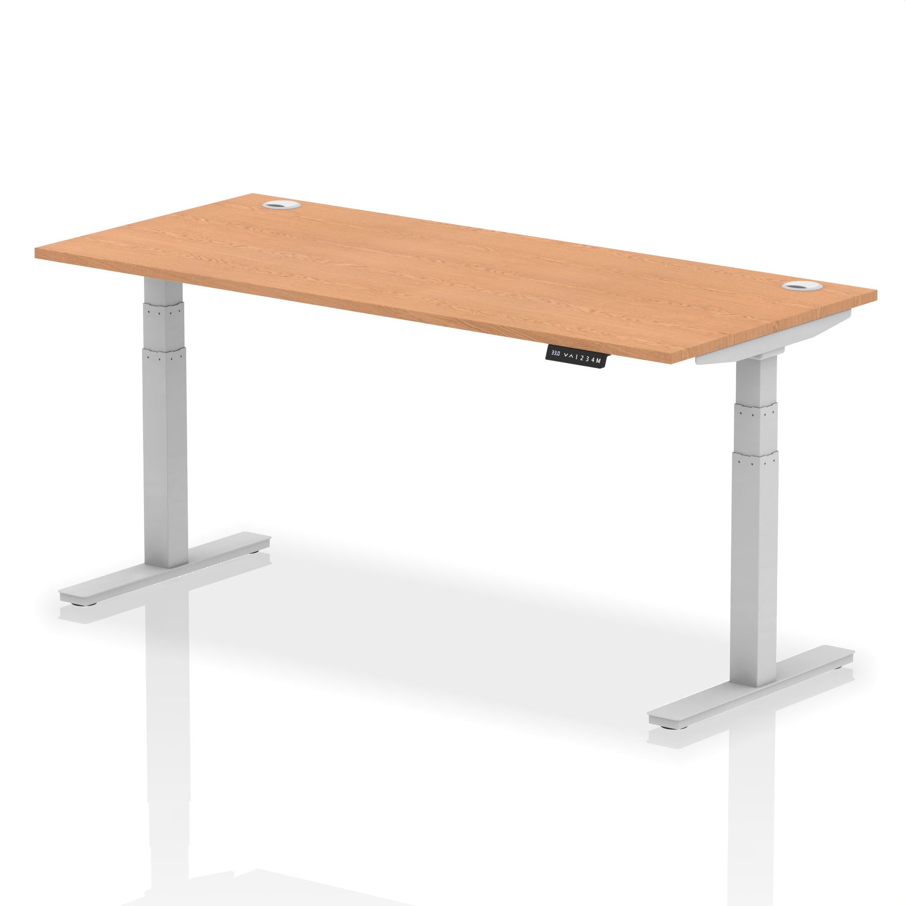 Adjustable height desk with wood-effect top and metal legs on a white background