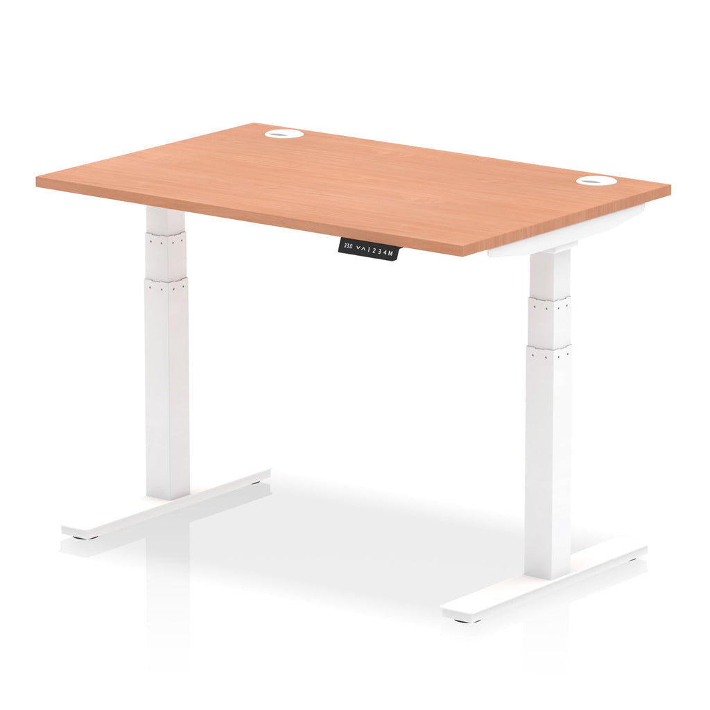 Adjustable height desk with wood-effect top and metal legs on a white background