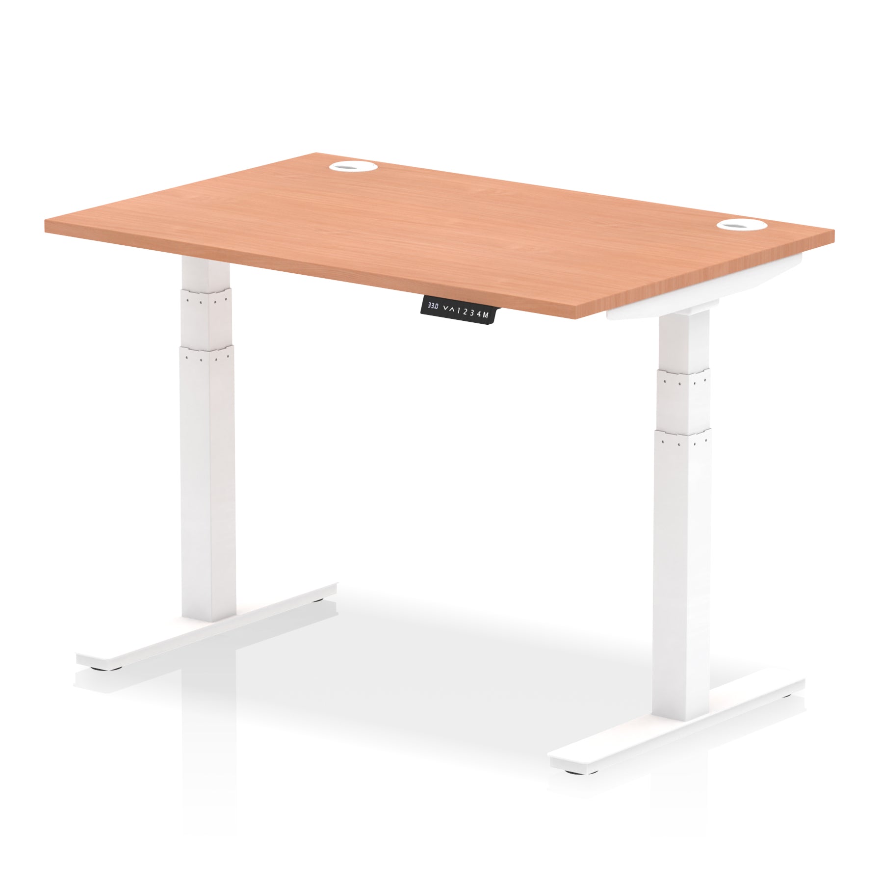 Adjustable height desk with wood-effect top and metal legs on a white background