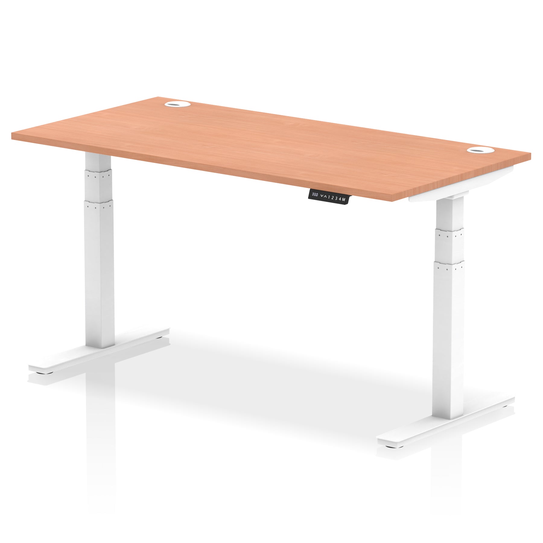 Adjustable height desk with wood-effect top and metal legs on a white background