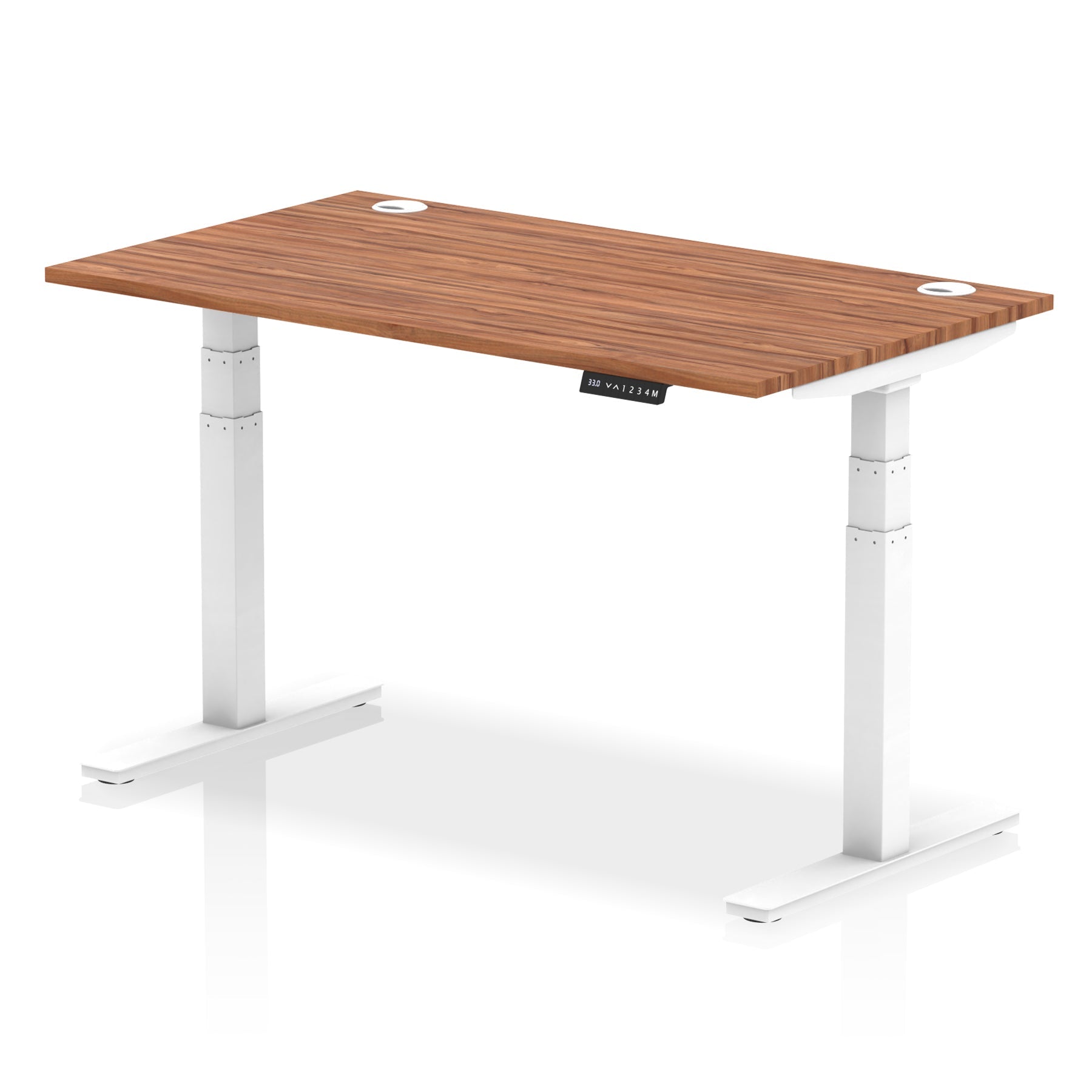 Adjustable height desk with wood-effect top and metal legs on a white background