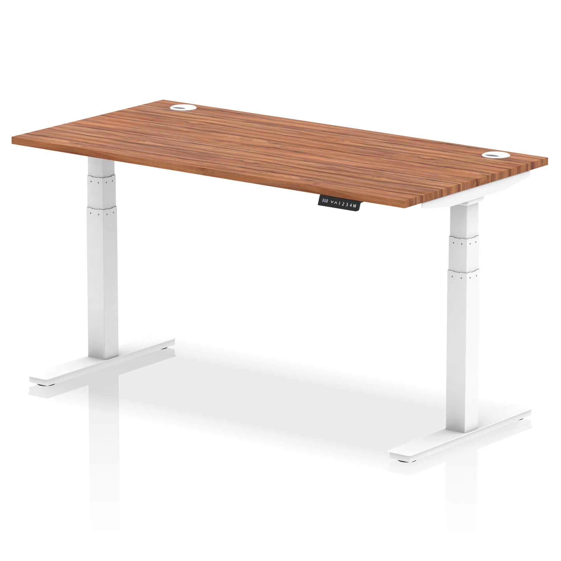 Adjustable height desk with wood-effect top and metal legs on a white background