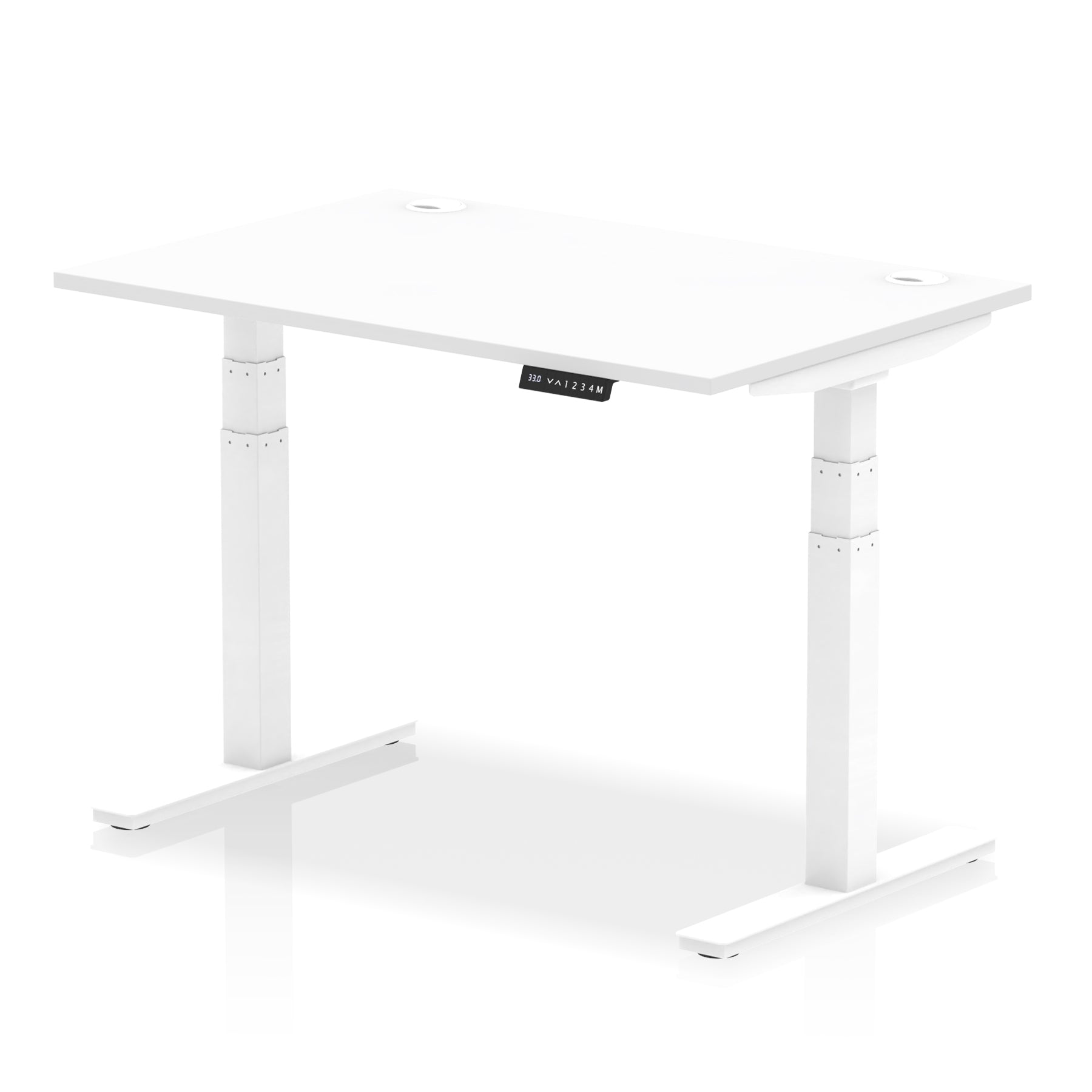 Adjustable height desk with white top and metal legs on a white background