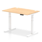 Adjustable height desk with wood-effect top and metal legs on a white background
