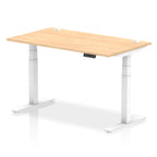 Adjustable height desk with wood-effect top and metal legs on a white background