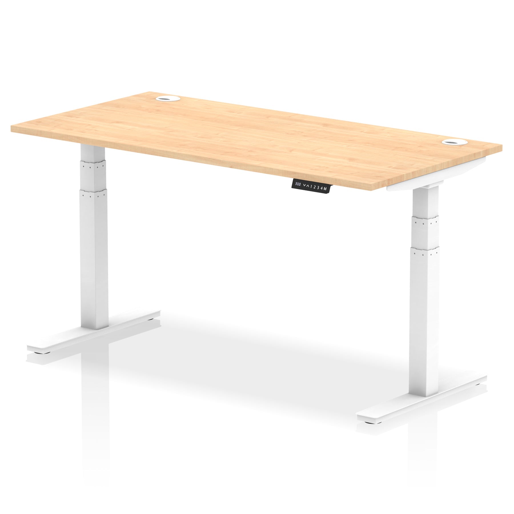 Adjustable height desk with wood-effect top and metal legs on a white background