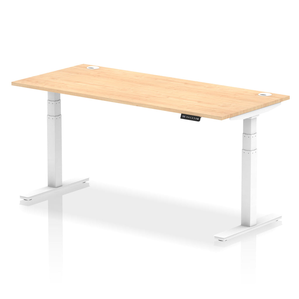 Adjustable height desk with wood-effect top and metal legs on a white background