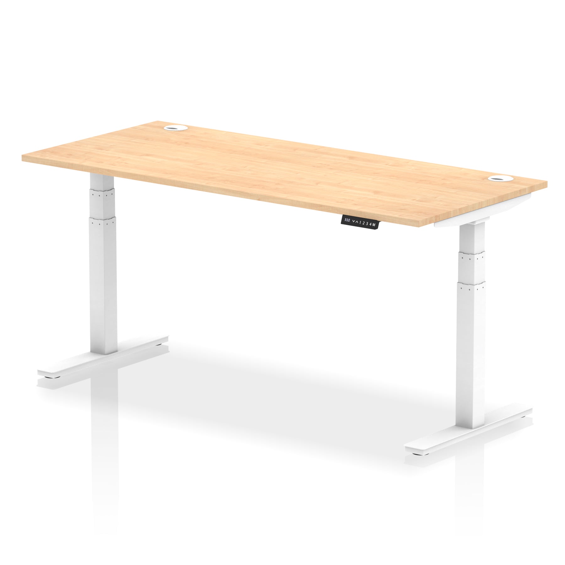 Adjustable height desk with wood-effect top and metal legs on a white background