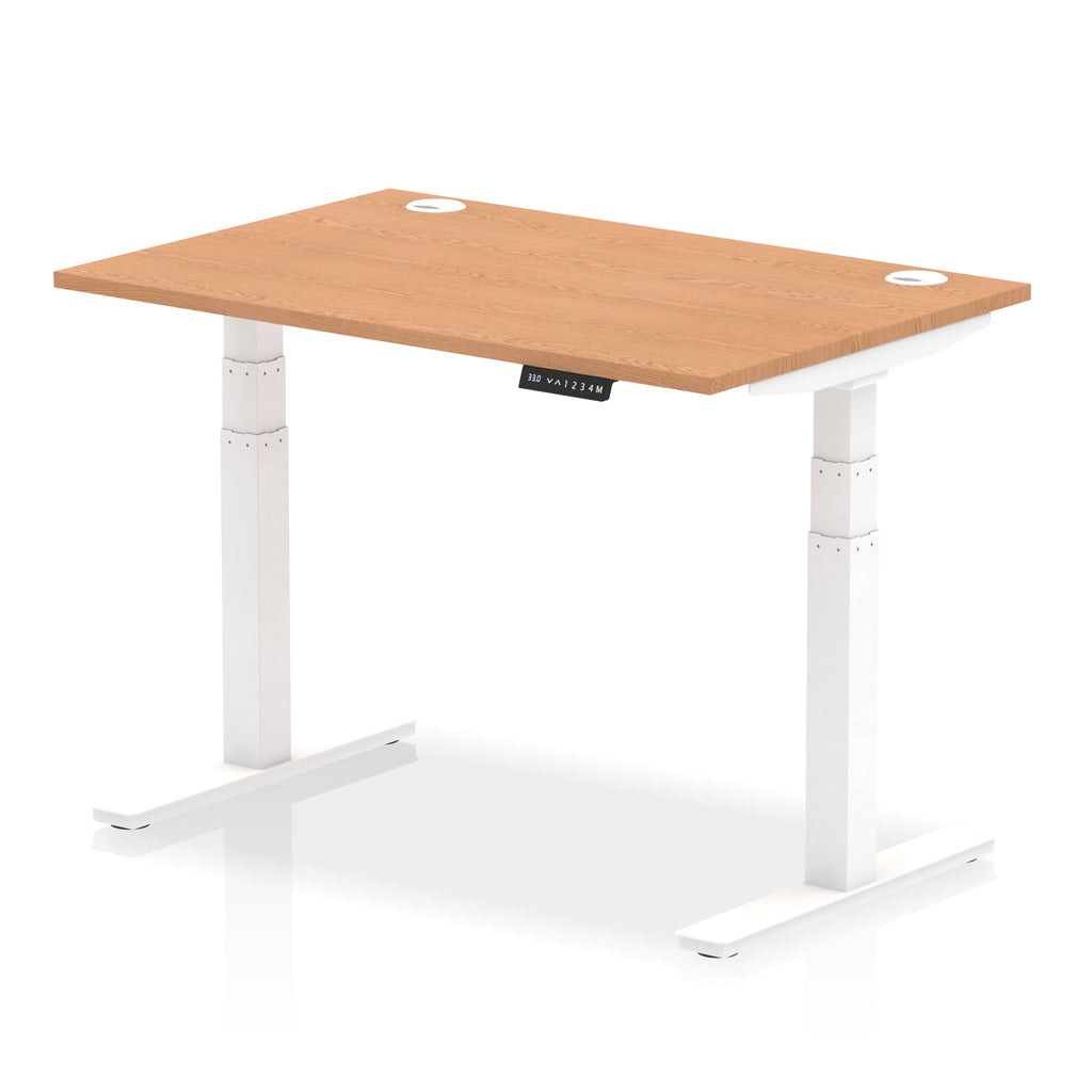 Adjustable height desk with wood-effect top and metal legs on a white background