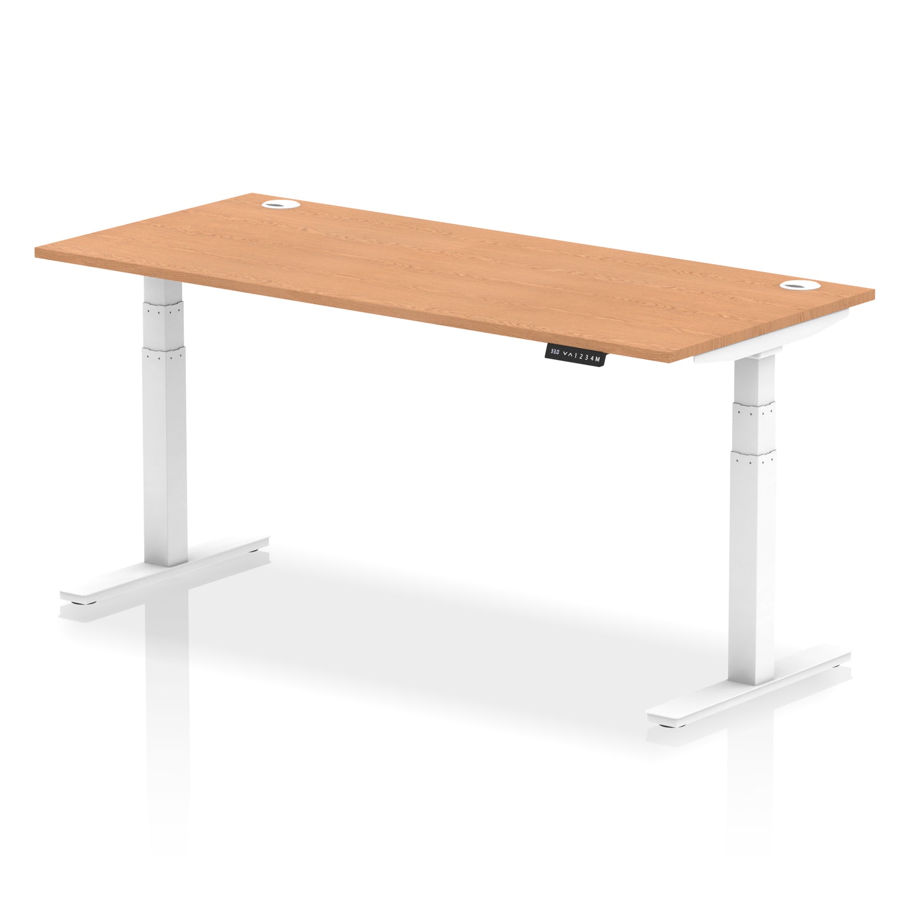 Adjustable height desk with wood-effect top and metal legs on a white background