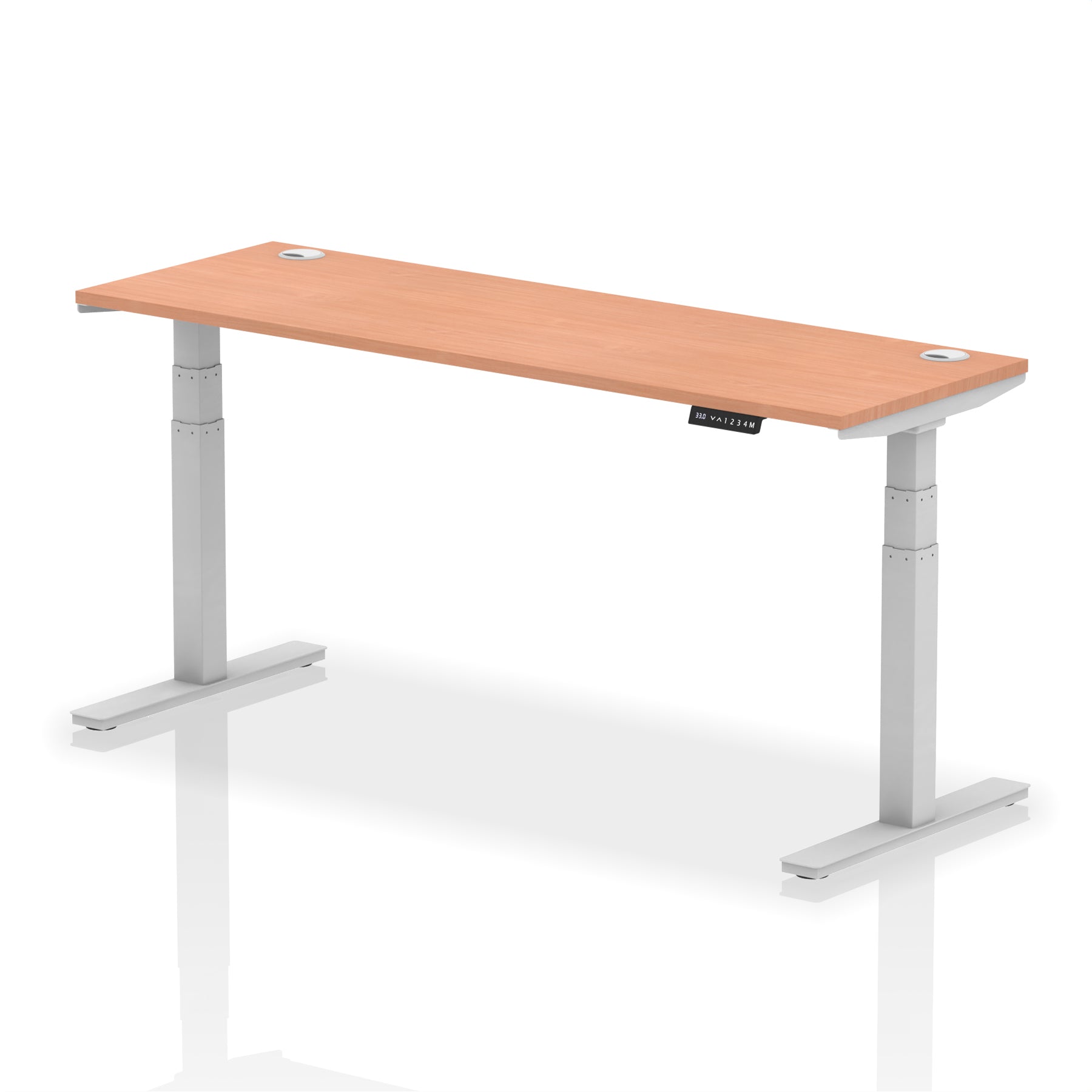 Adjustable height desk with wood-effect top and metal legs on a white background