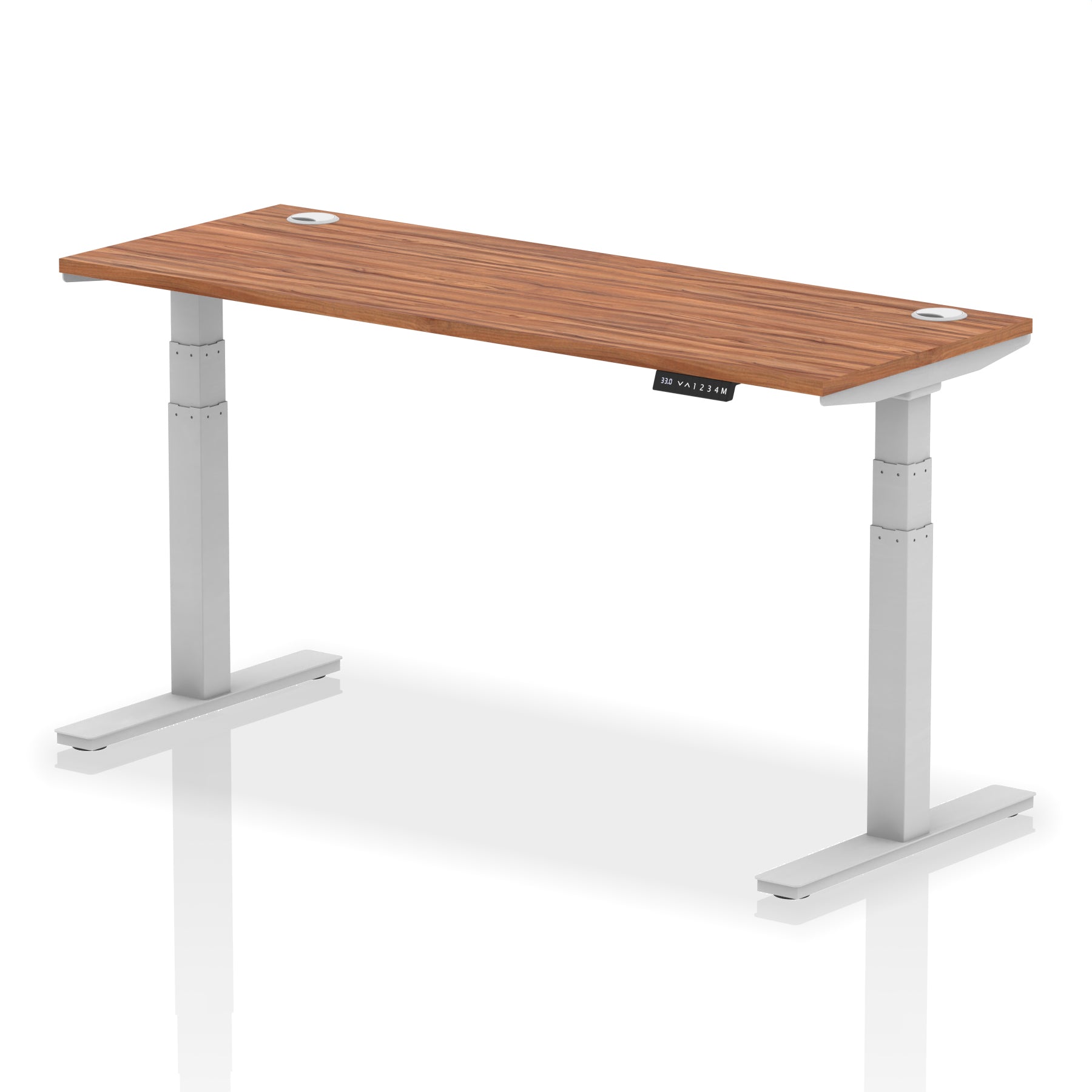 Adjustable height desk with wood-effect top and metal legs on a white background