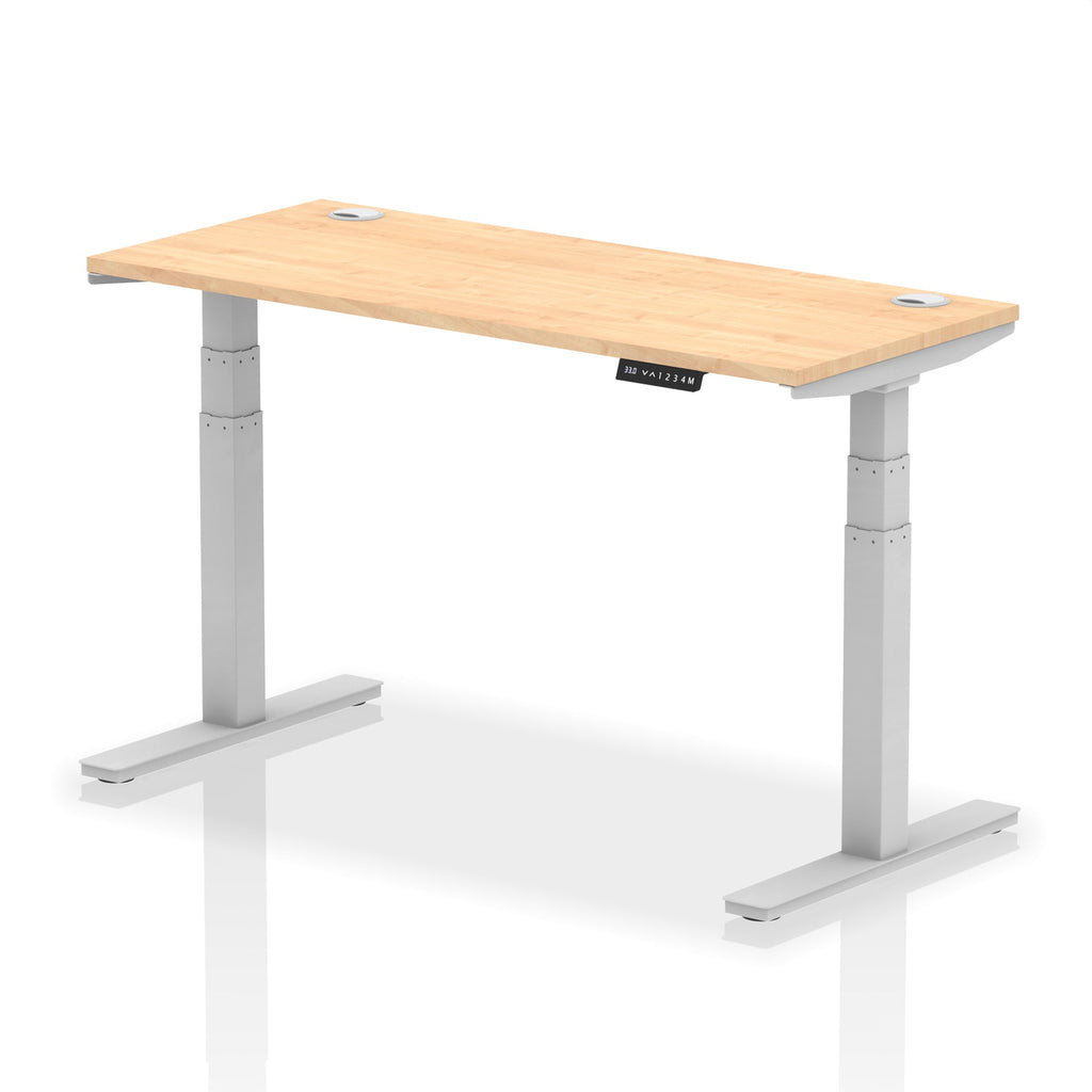 Adjustable height desk with wood-effect top and metal legs on a white background
