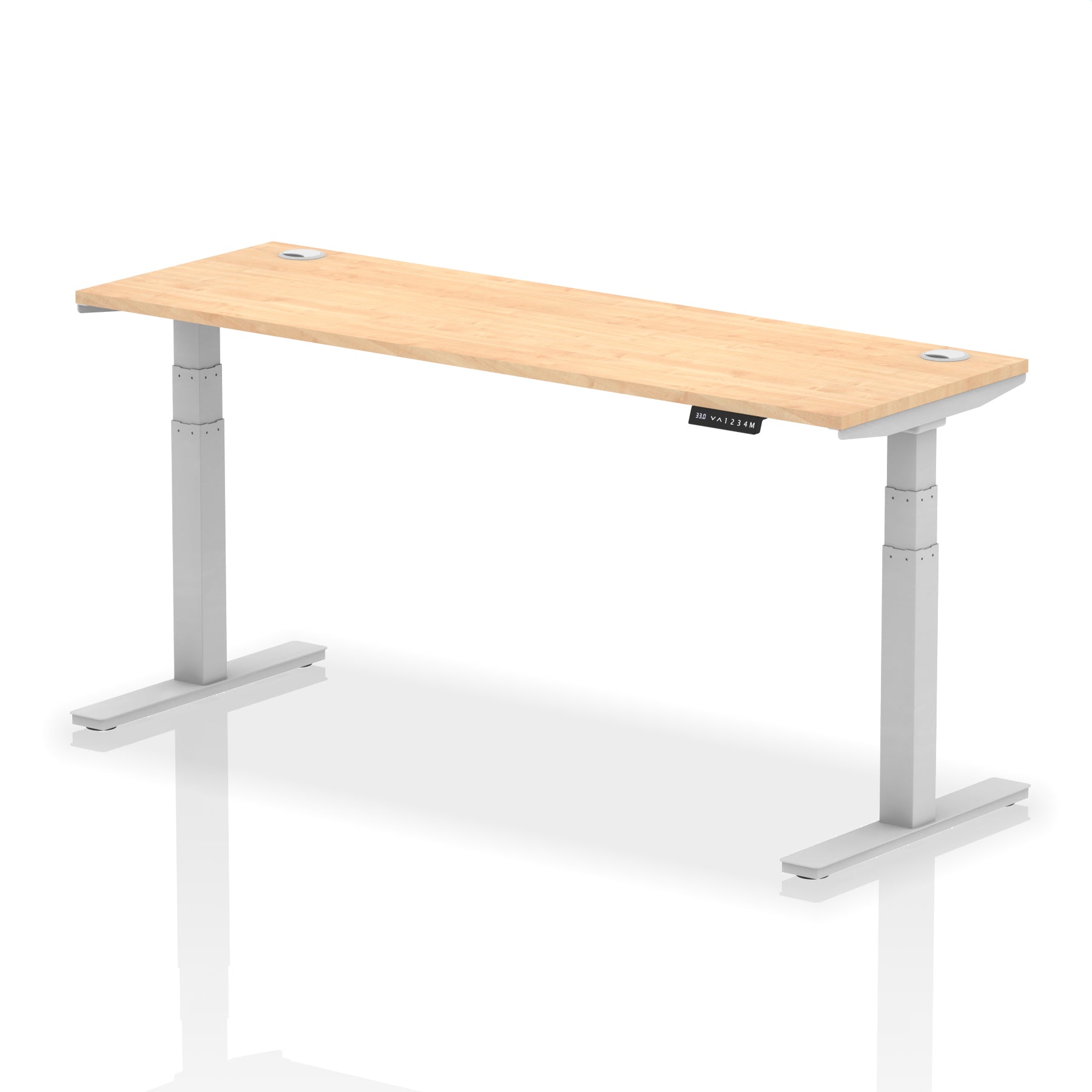 Adjustable height desk with wood-effect top and metal legs on a white background