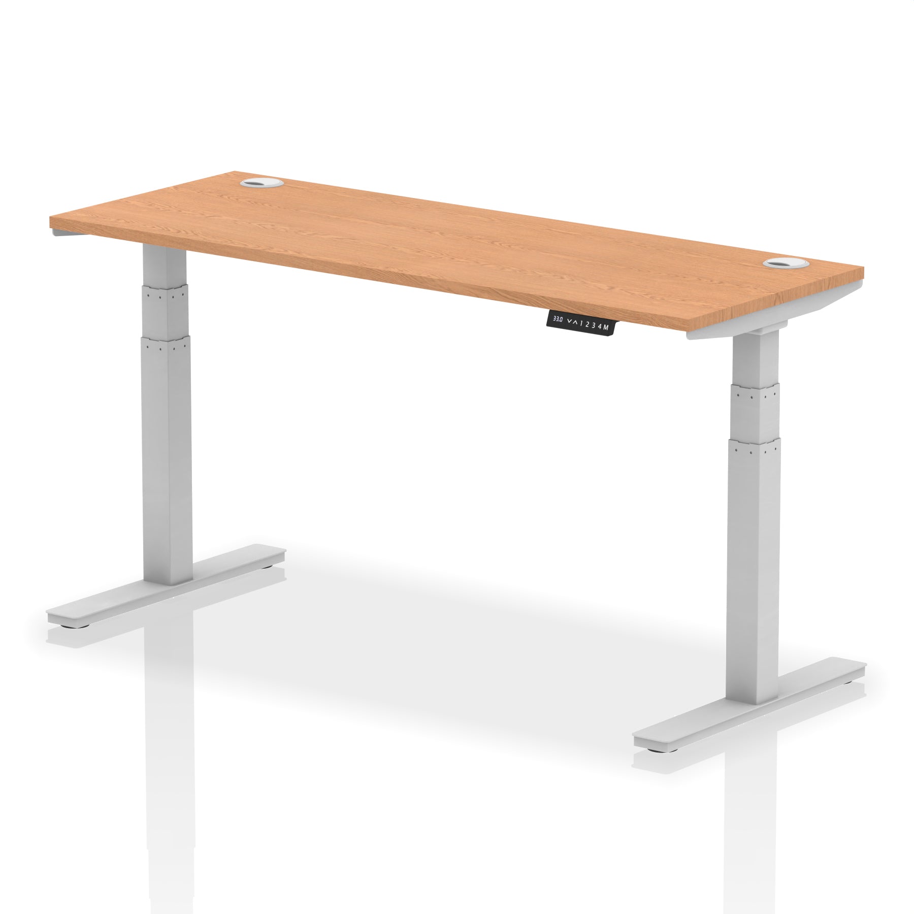 Adjustable height desk with wood-effect top and metal legs on a white background
