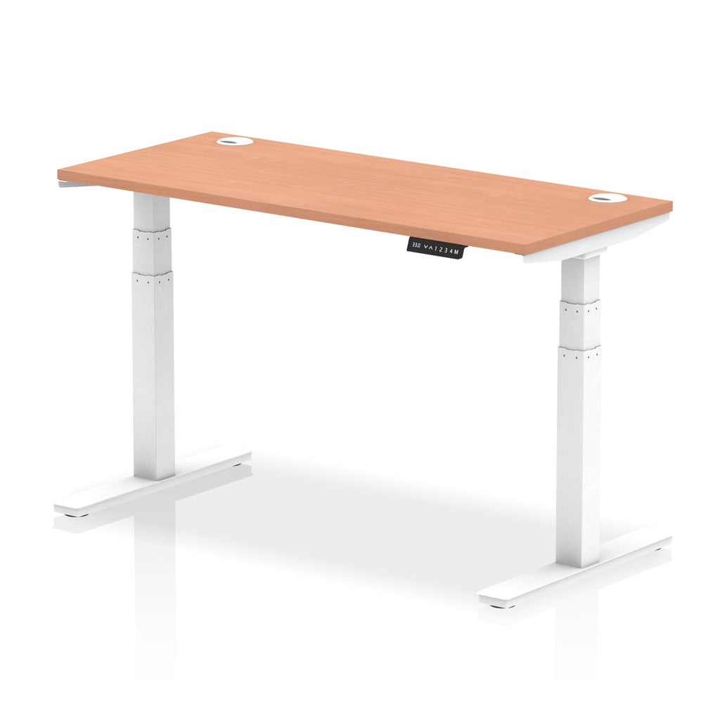Adjustable height desk with wood-effect top and metal legs on a white background