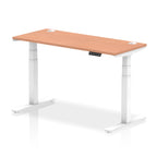 Adjustable height desk with wood-effect top and metal legs on a white background
