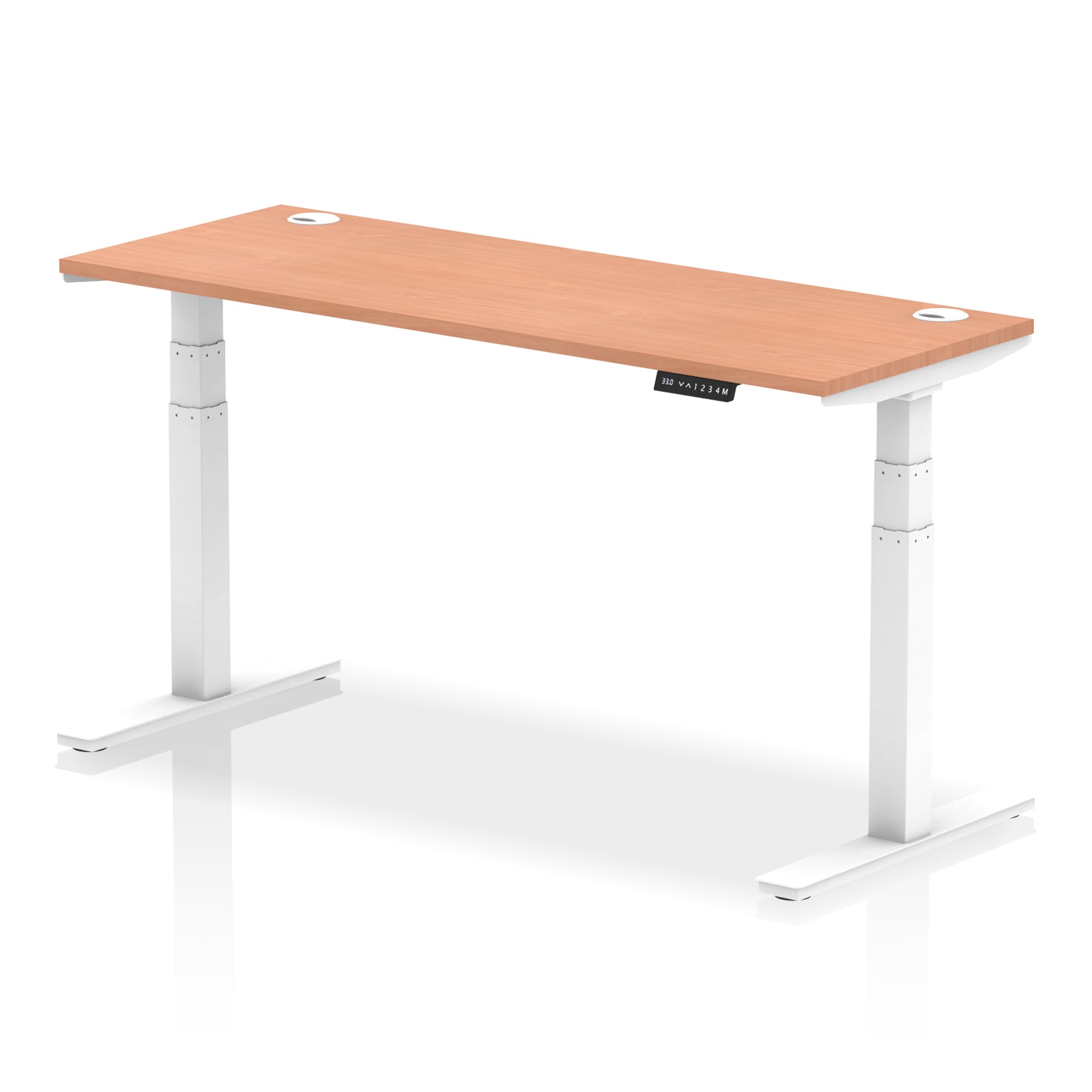 Adjustable height desk with wood-effect top and metal legs on a white background