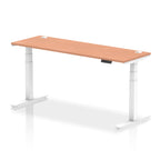 Adjustable height desk with wood-effect top and metal legs on a white background