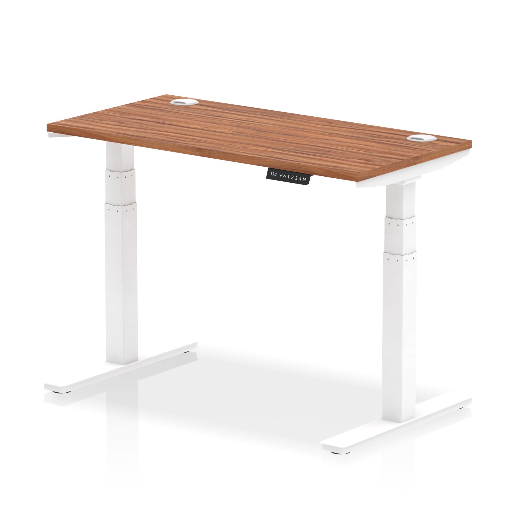 Adjustable height desk with wood-effect top and metal legs on a white background