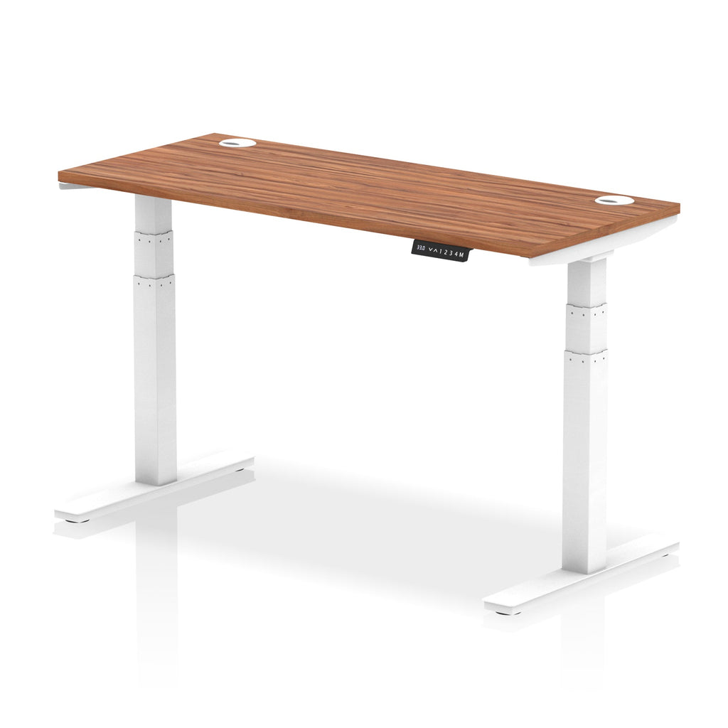 Adjustable height desk with wood-effect top and metal legs on a white background