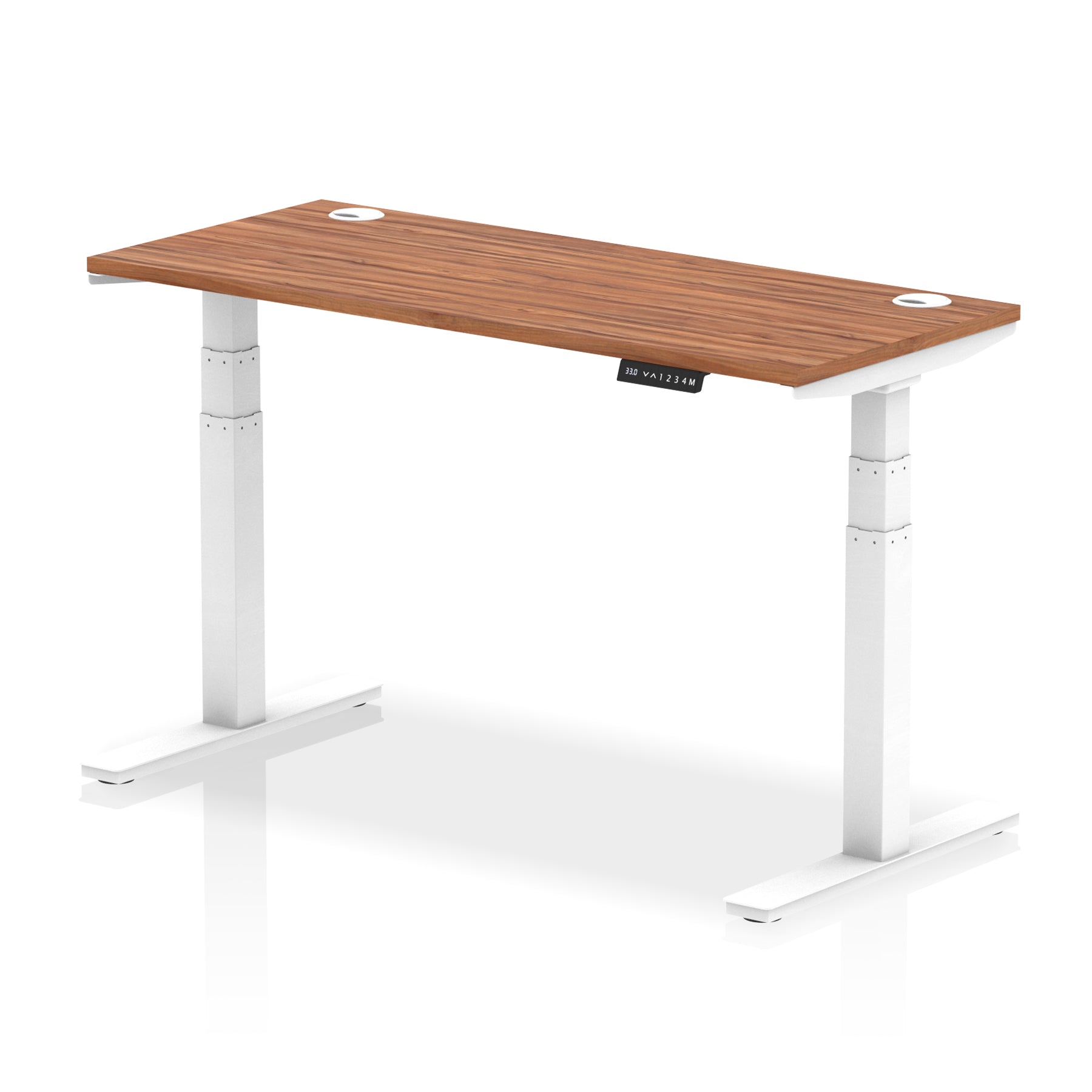 Adjustable height desk with wood-effect top and metal legs on a white background