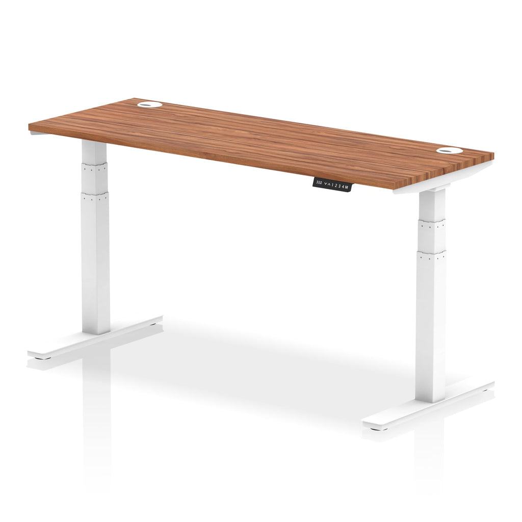 Adjustable height desk with wood-effect top and metal legs on a white background