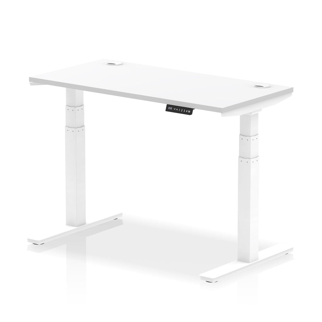 Adjustable height desk with white top and metal legs on a white background