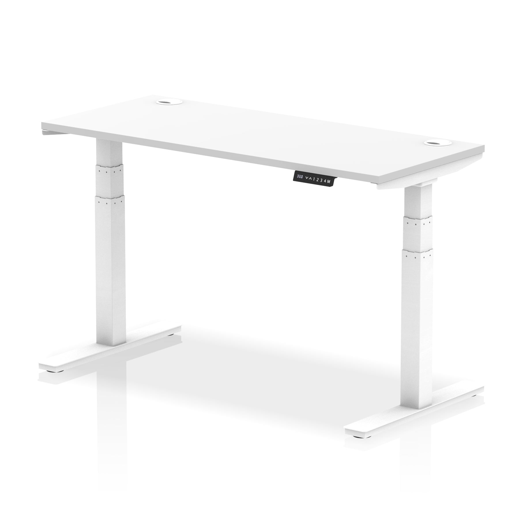 Adjustable height desk with white top and metal legs on a white background