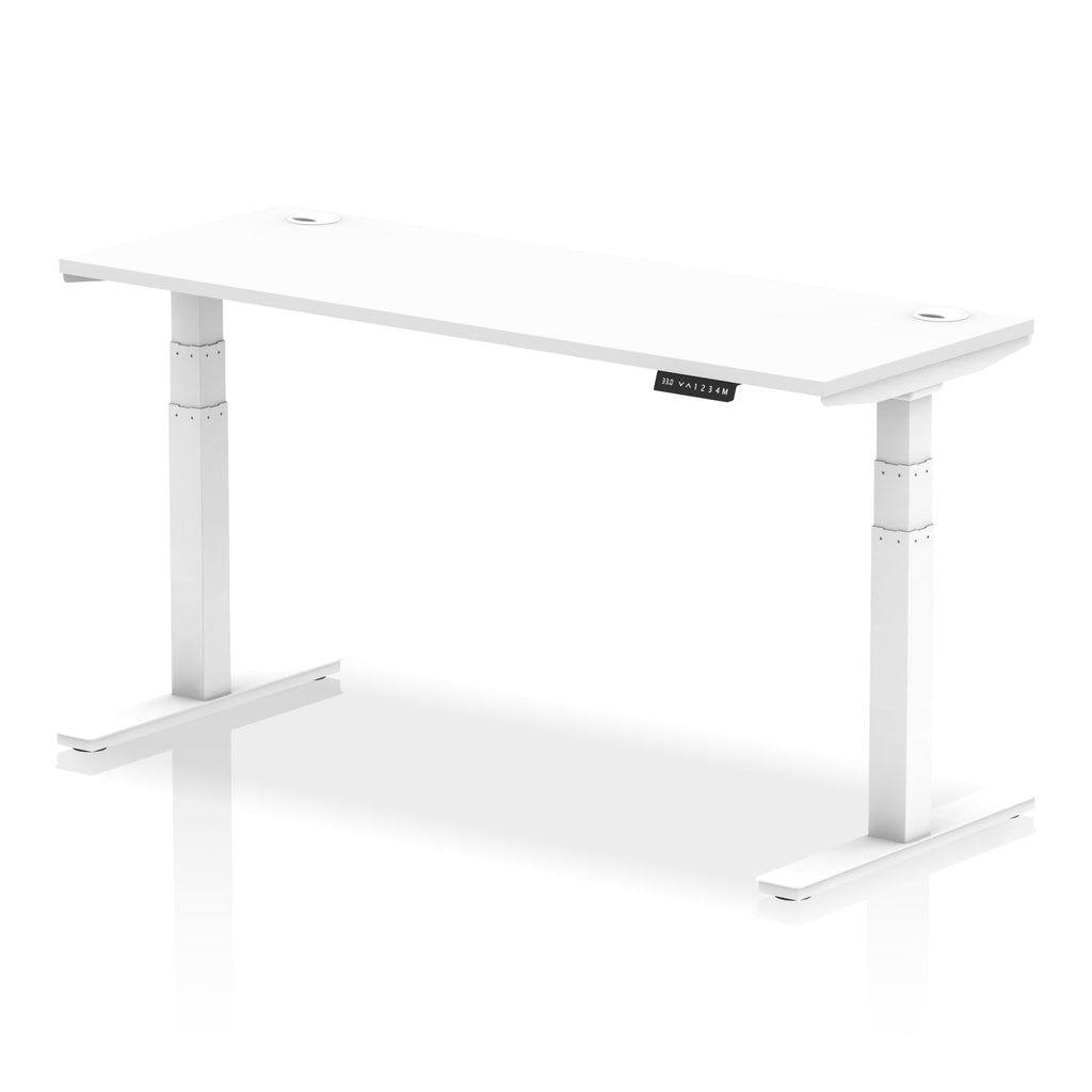 Adjustable height desk with white top and metal legs on a white background