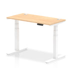 Adjustable height desk with wood-effect top and metal legs on a white background
