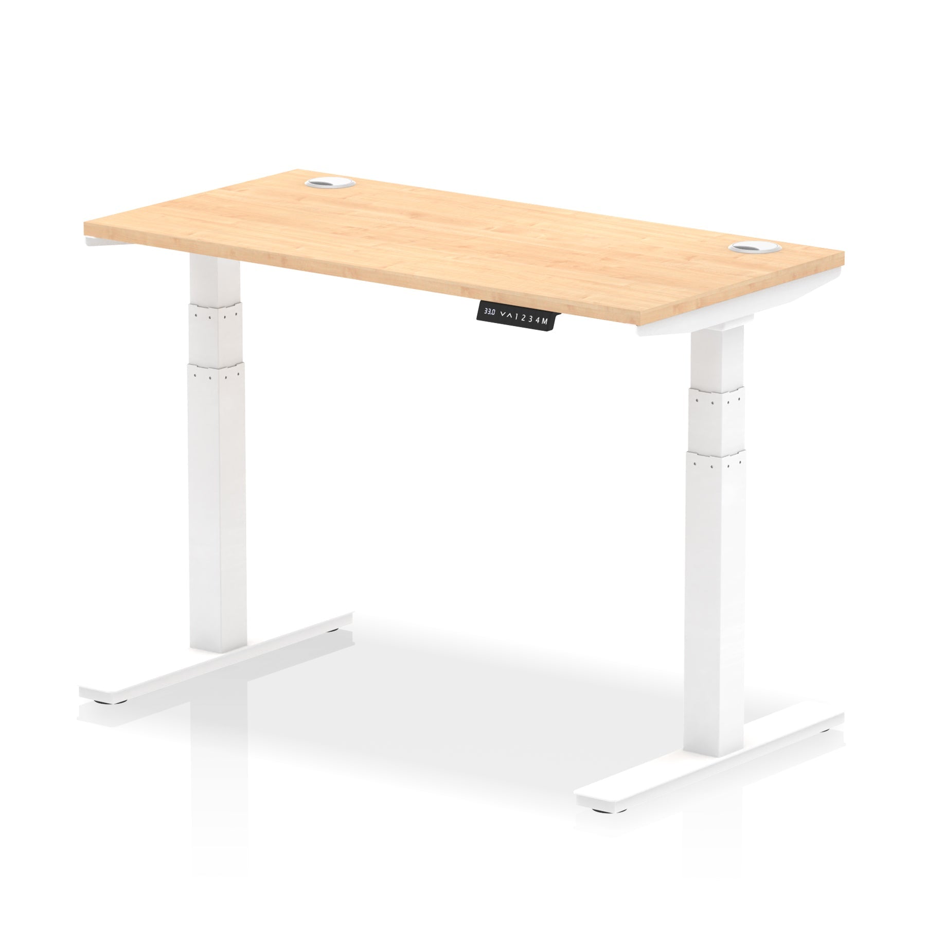 Adjustable height desk with wood-effect top and metal legs on a white background