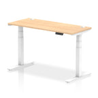 Adjustable height desk with wood-effect top and metal legs on a white background