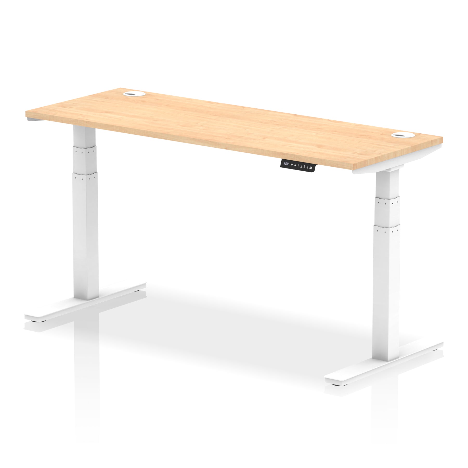 Adjustable height desk with wood-effect top and metal legs on a white background