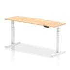 Adjustable height desk with wood-effect top and metal legs on a white background