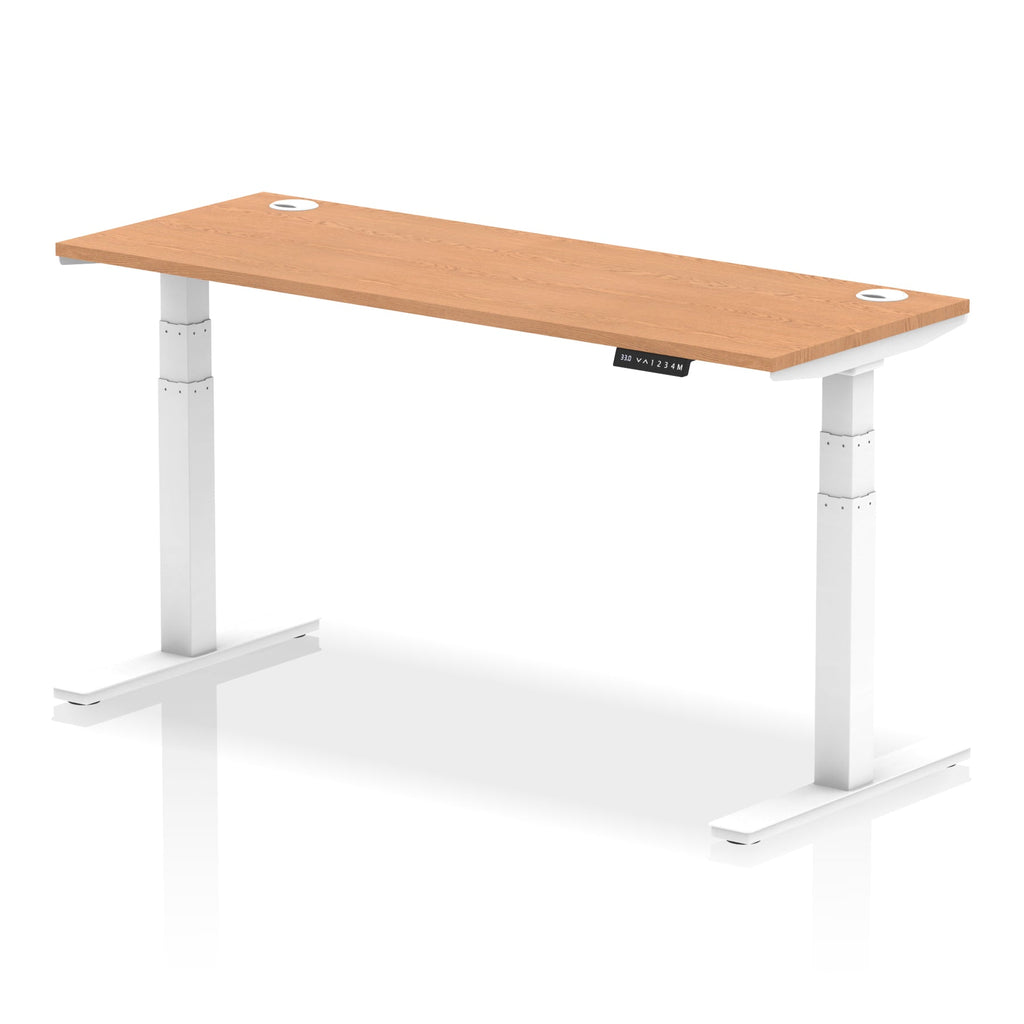 Adjustable height desk with wood-effect top and metal legs on a white background