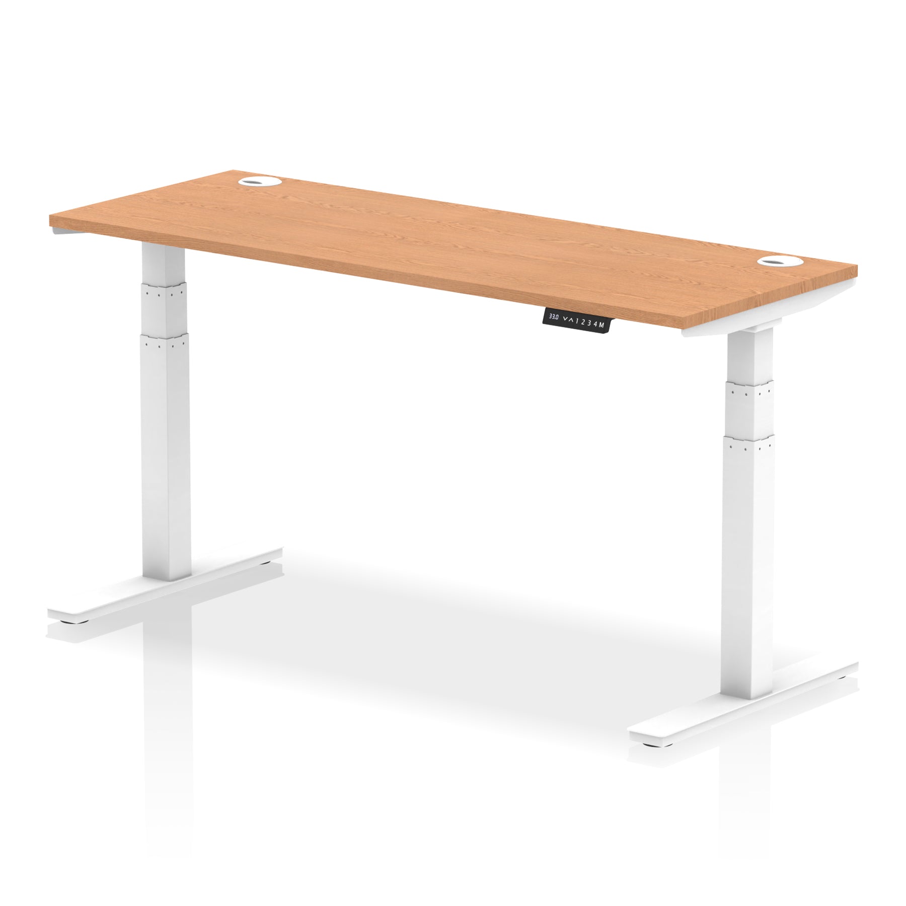 Adjustable height desk with wood-effect top and metal legs on a white background