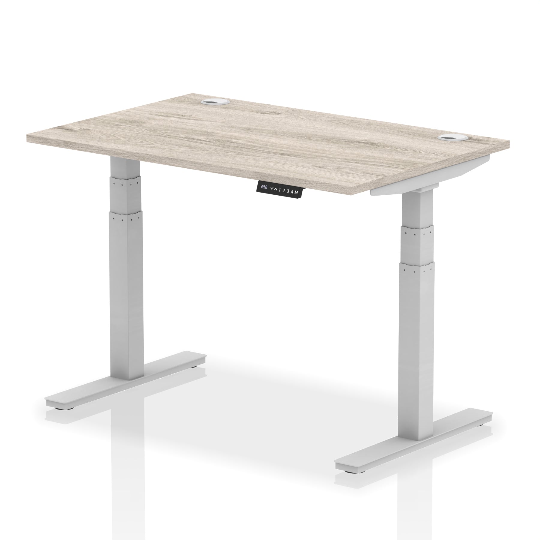 Adjustable height desk with wood-effect top and metal legs on a white background