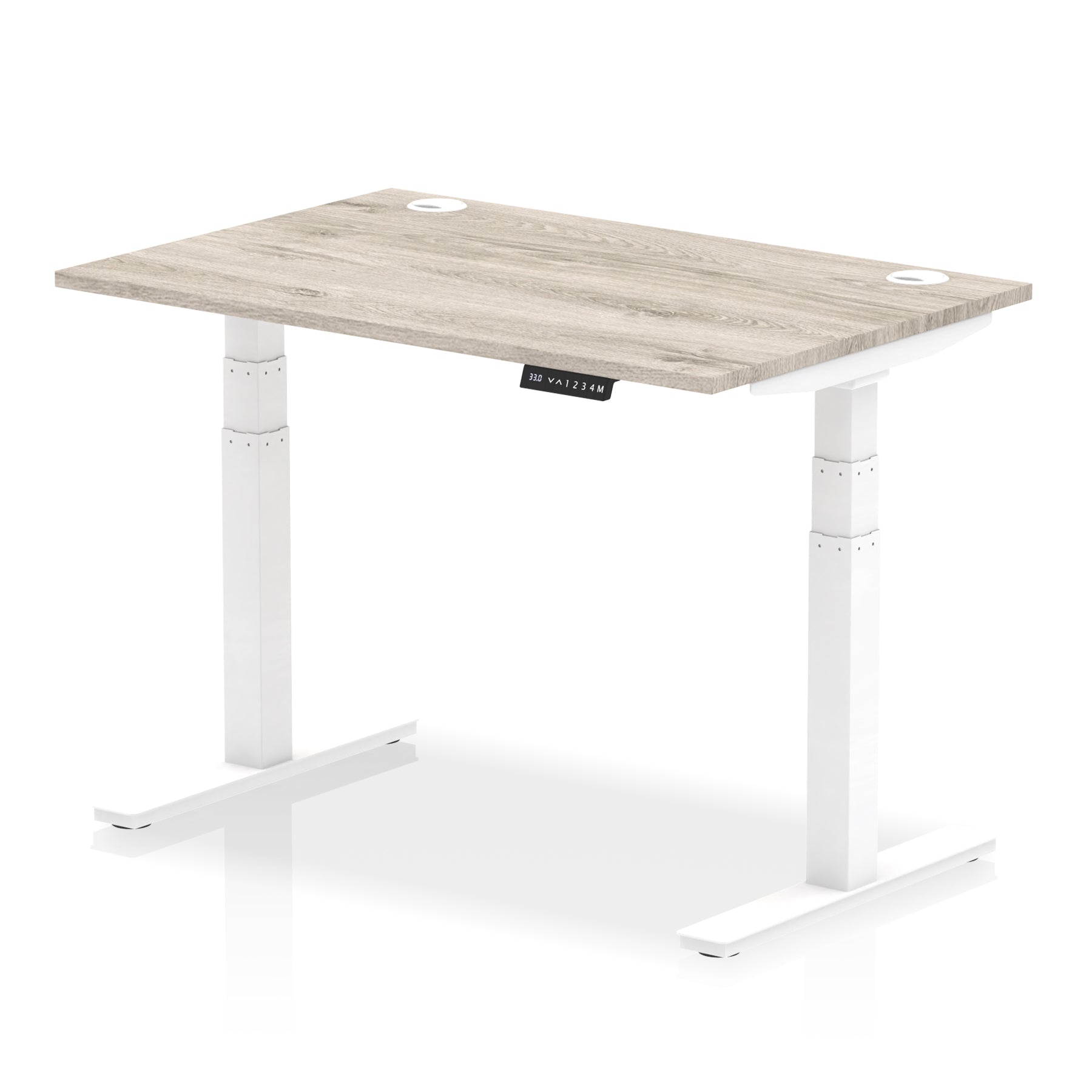 Adjustable height desk with wood-effect top and metal legs on a white background