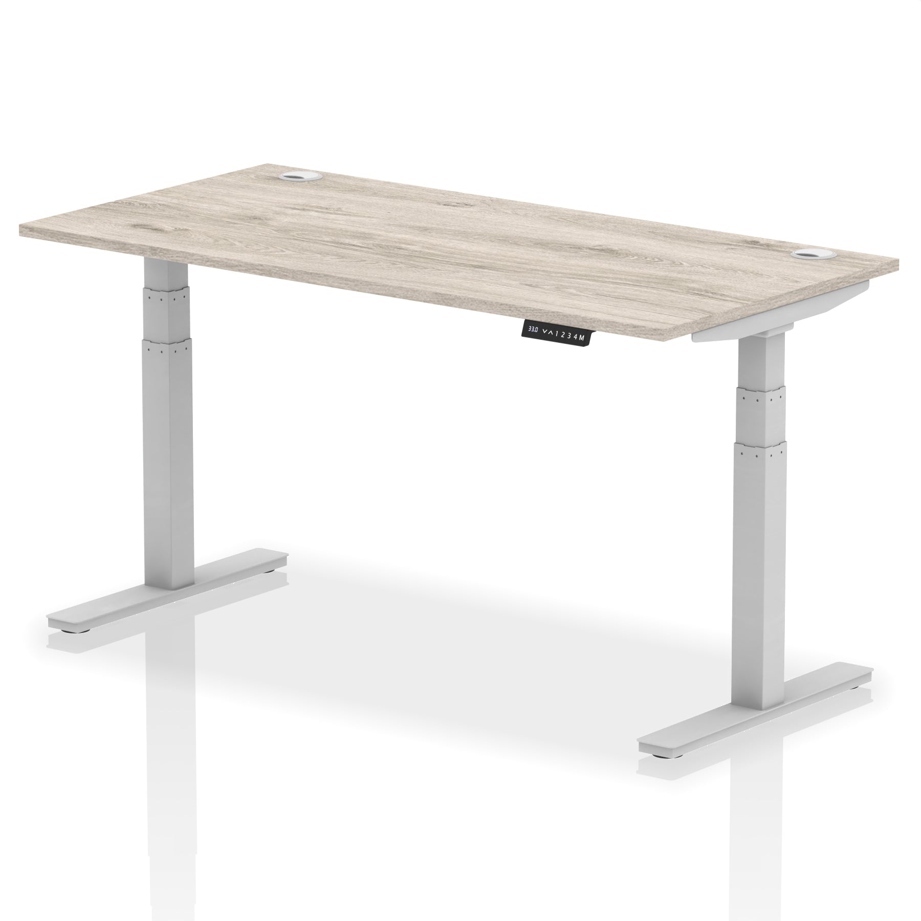 Adjustable height desk with wood-effect top and metal legs on a white background