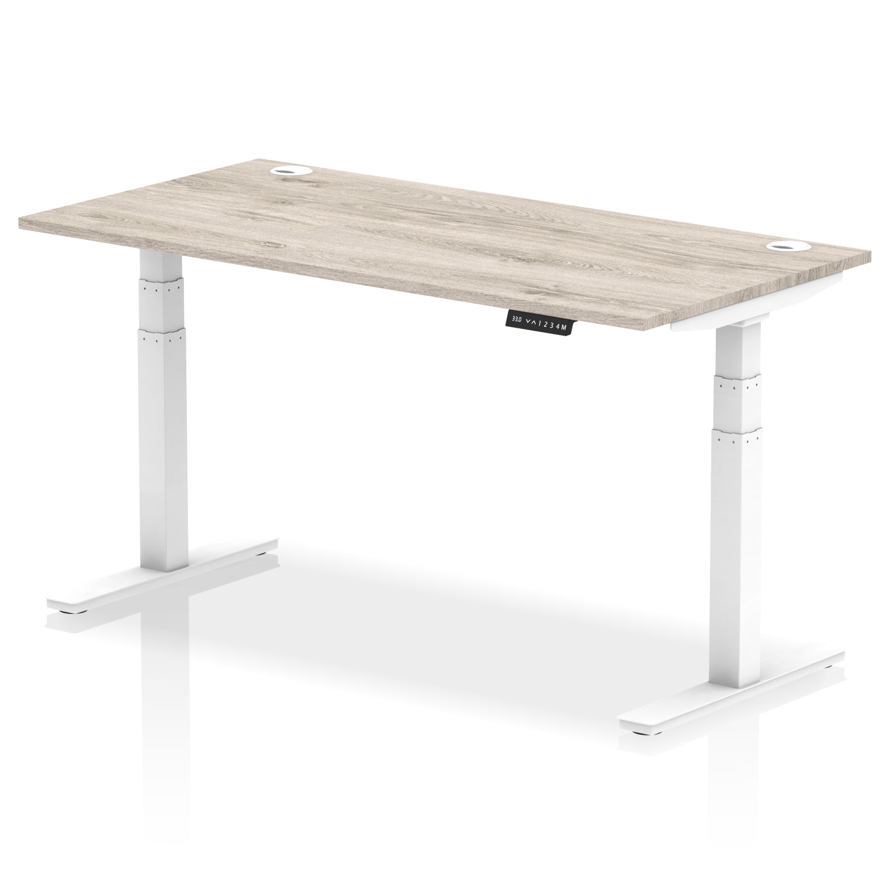 Adjustable height desk with wood-effect top and metal legs on a white background